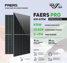 Panou Fotovoltaic Monocristalin FAERS PRO TOPCon, Bifacial Dual Glass, 635W, 22.54% Module Efficiency, Silver Frame, 2165x1303x35mm, IP68, 120 celule 2x[10X6]